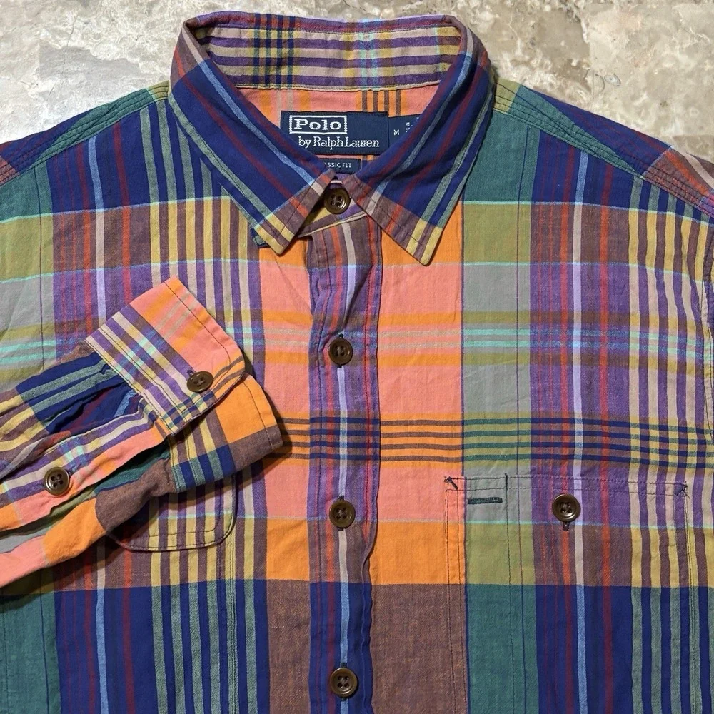 Polo Ralph Lauren Shirt Mens Medium Classic Plaid Madras Workshirt Chin Strap